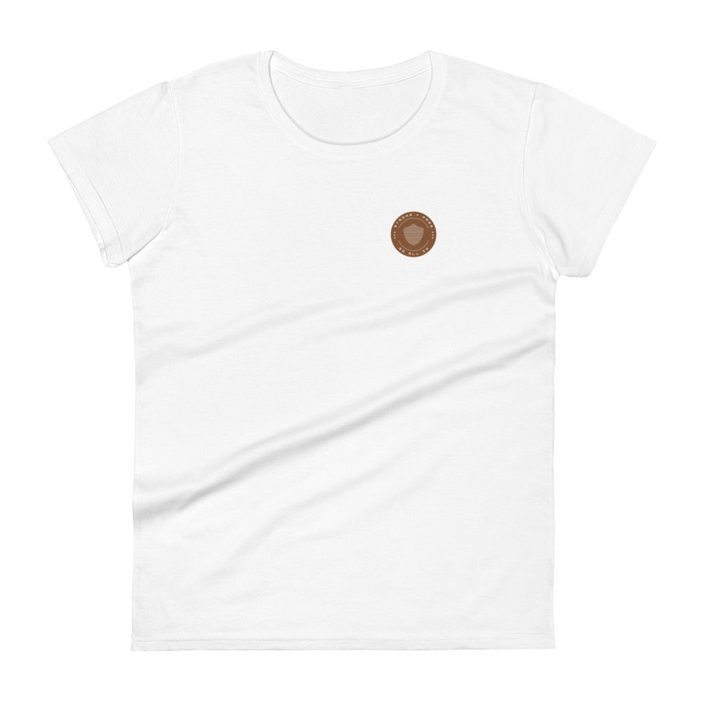 Women's short sleeve tee, various colors. S+F signature shield logo design, reverse brown icon.