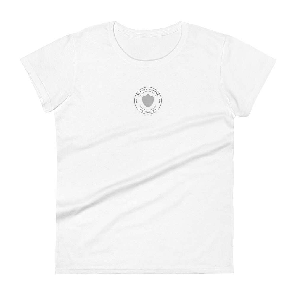 Women's short sleeve tee, various colors. S+F signature shield logo design III.