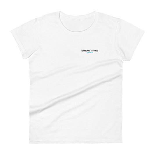 Women's short sleeve tee, white. S+F signature wordmark logo design.