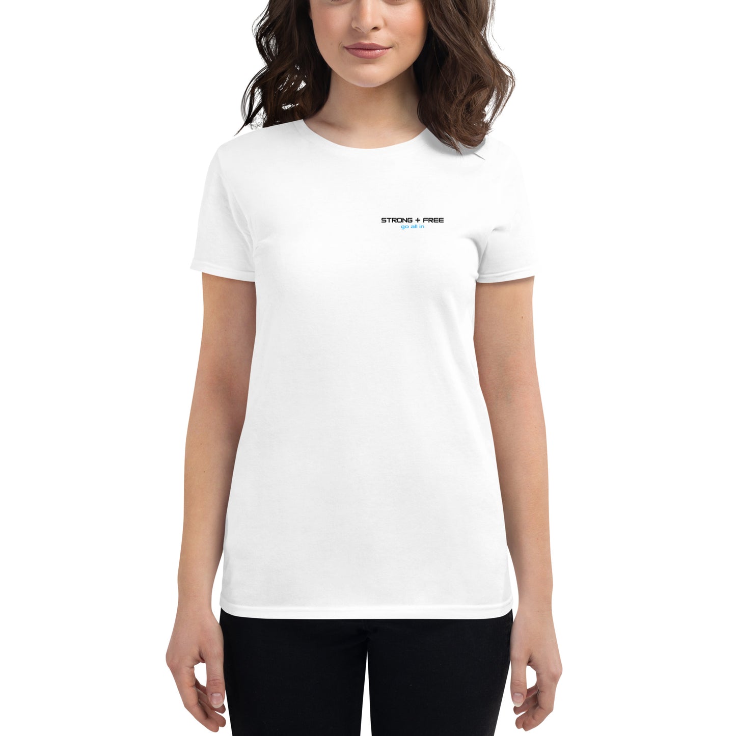 Women's short sleeve tee, white. S+F signature wordmark logo design.