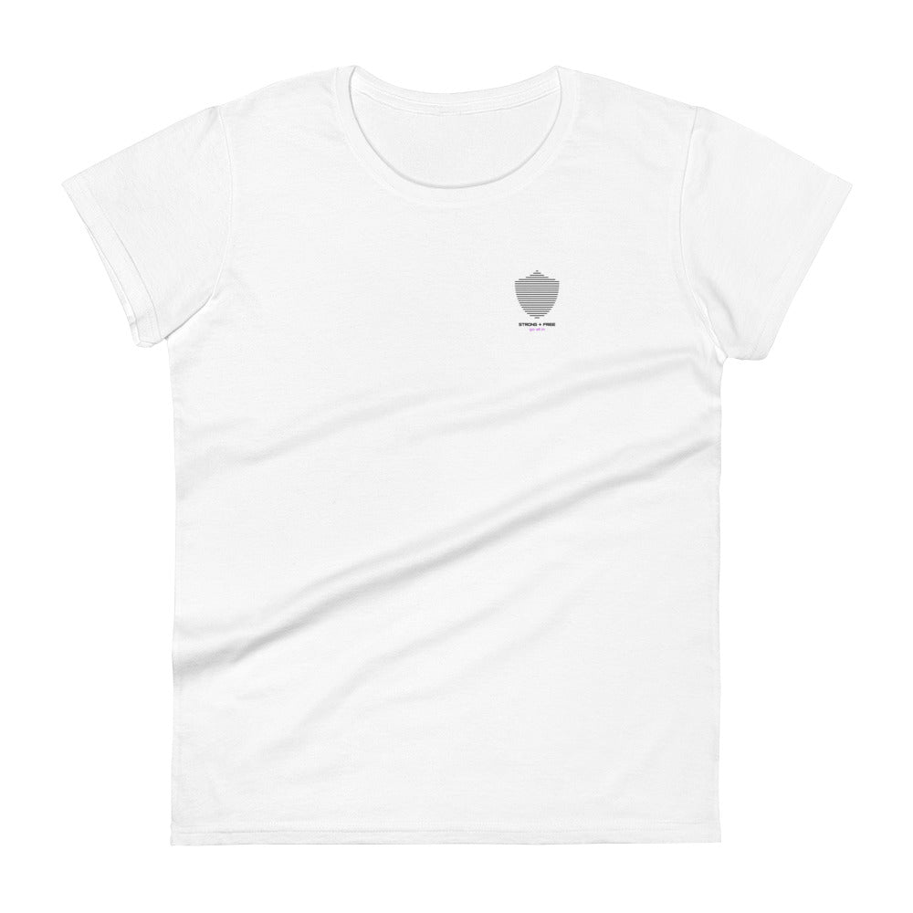 Women's short sleeve tee, white. S+F signature shield logo design II.