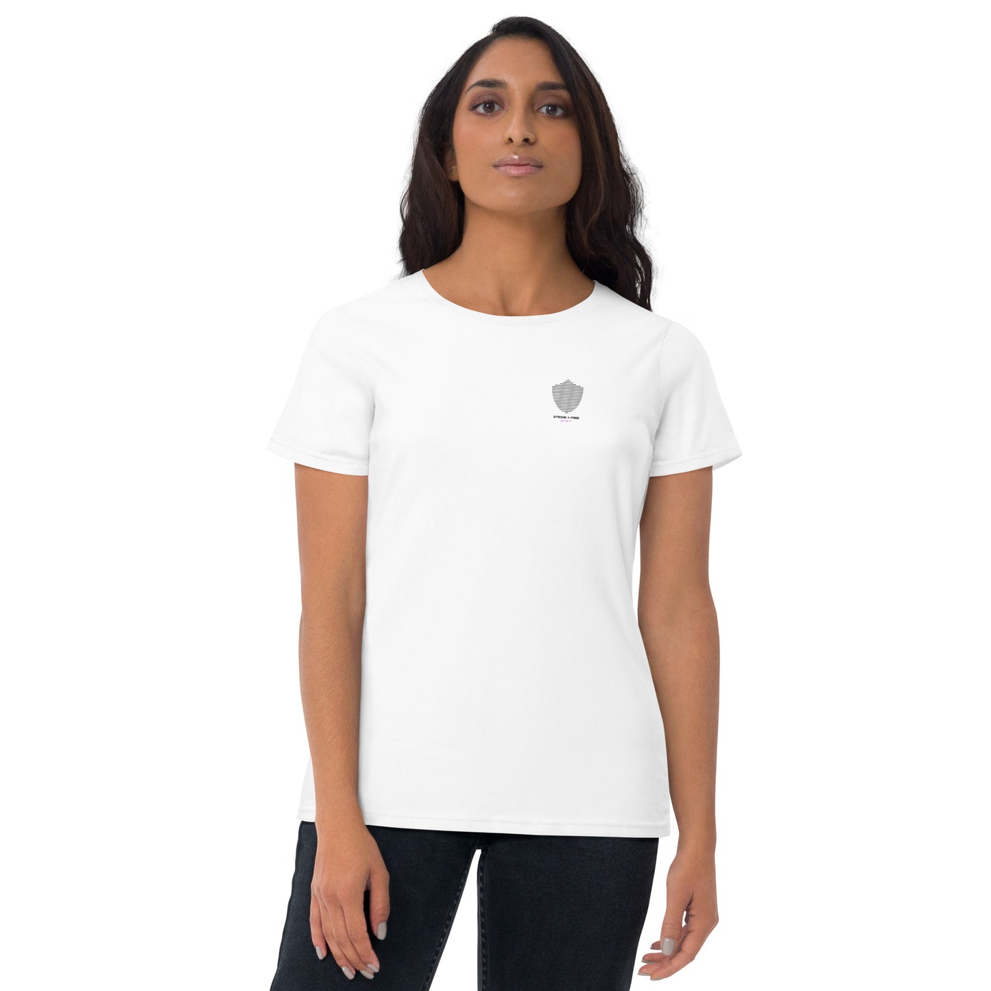 Women's short sleeve tee, white. S+F signature shield logo design II.