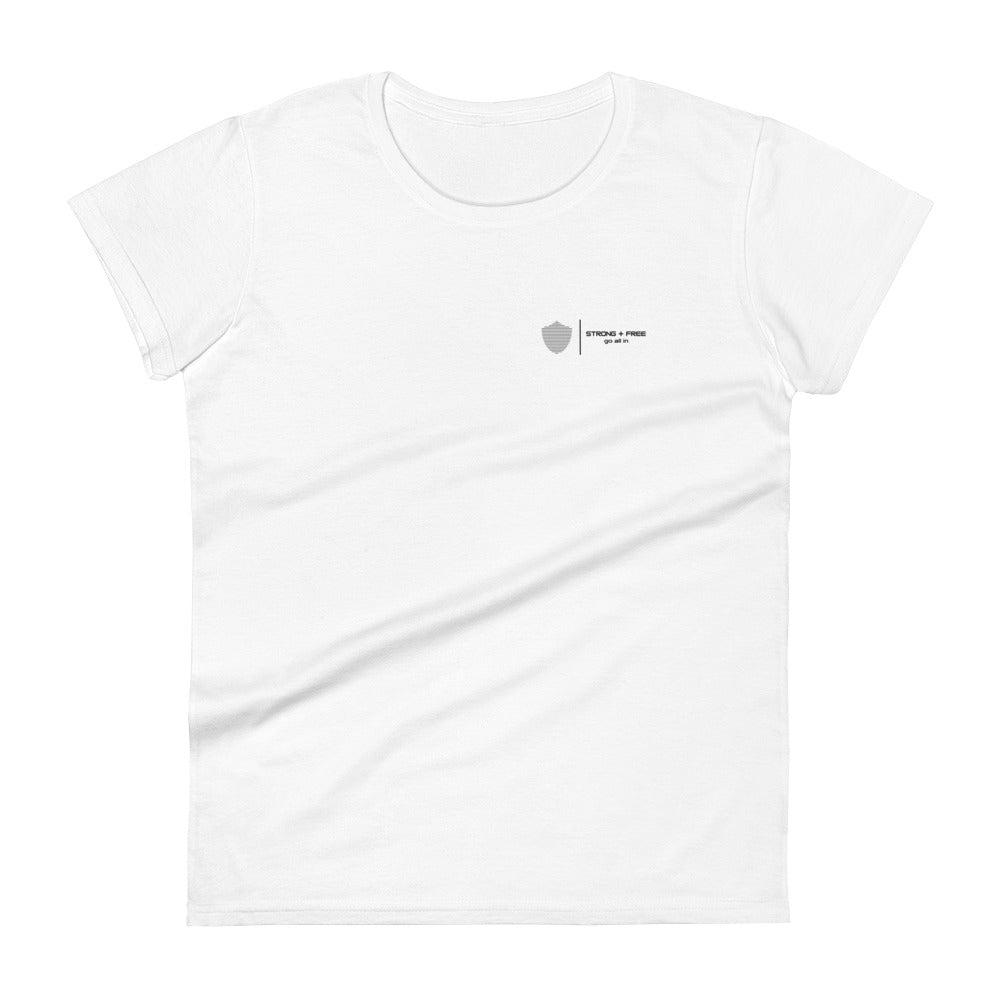 Women's short sleeve tee, various colors. S+F signature shield logo design.