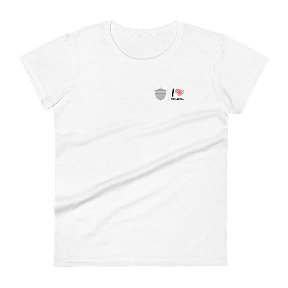 Women's short sleeve t-shirt, various colors. S+F pickleball love logo design.