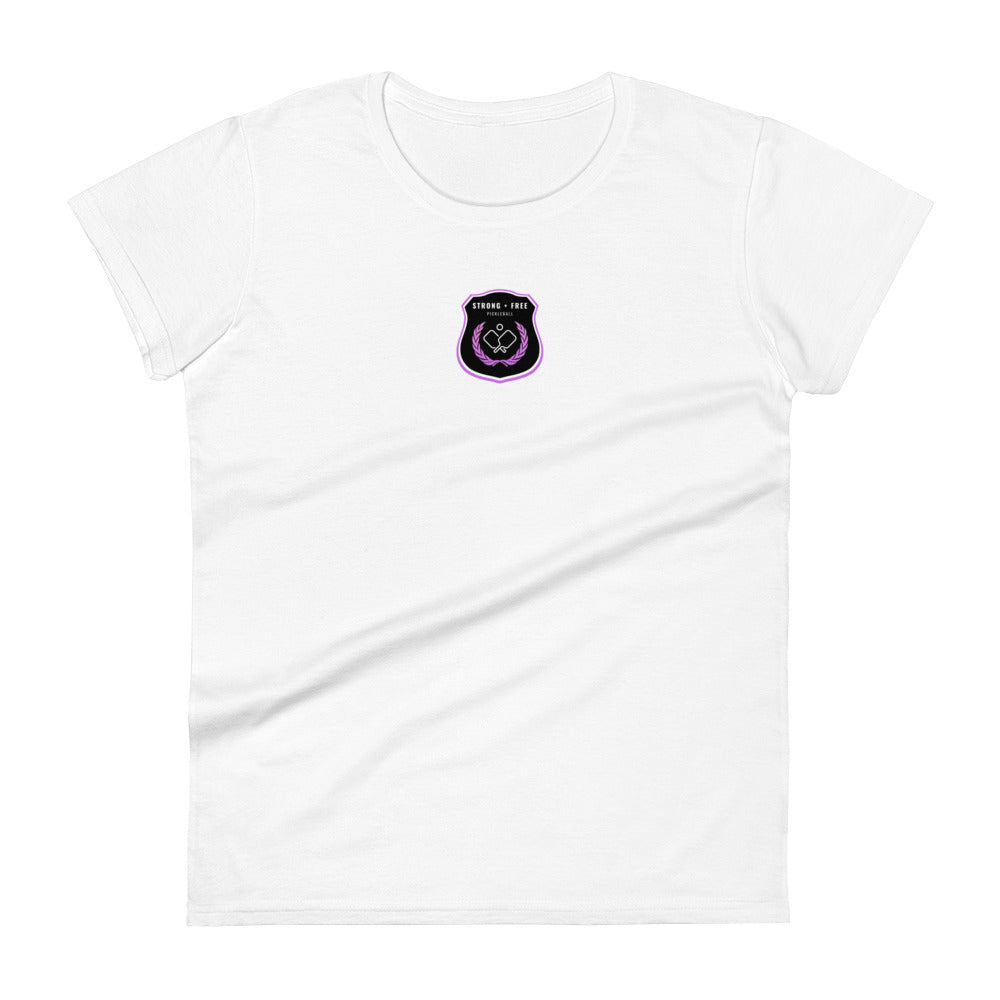 Women's short sleeve t-shirt, various colors. S+F custom pickleball logo design, black crest.