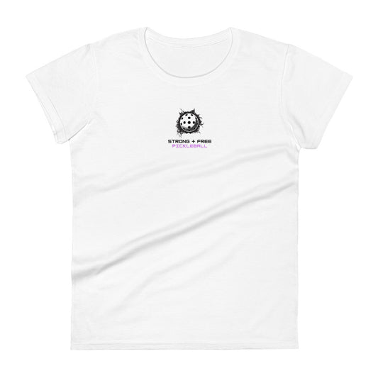 Women's short sleeve t-shirt, white/grey colors. S+F custom pickleball logo design, pickleball III.
