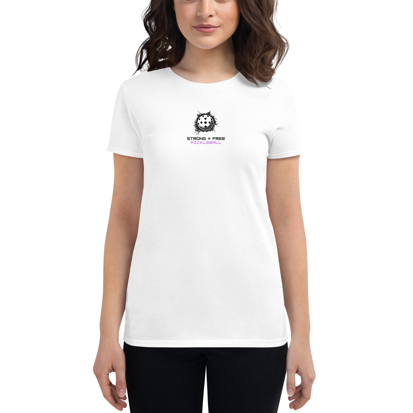 Women's short sleeve t-shirt, white/grey colors. S+F custom pickleball logo design, pickleball III.