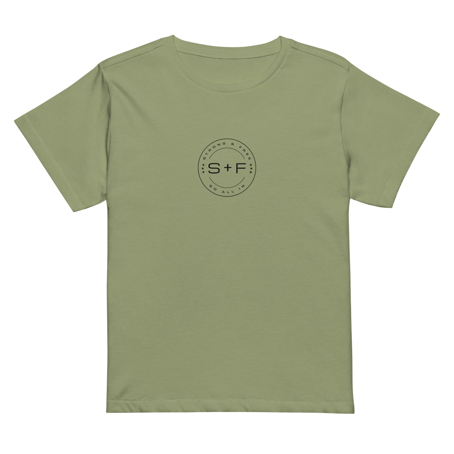 Women’s High-Waist Classic Fit T-shirt, Soft Colors. S+F Black Circle Logo Design.