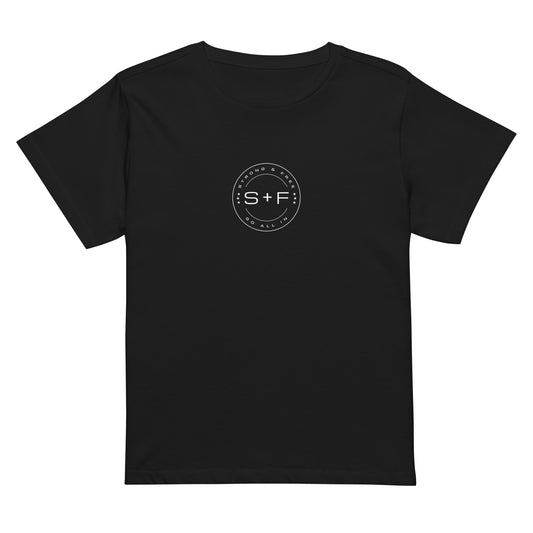 Women’s High-Waist T-shirt, Black/Green/Grey. S+F White Circle Logo Design.