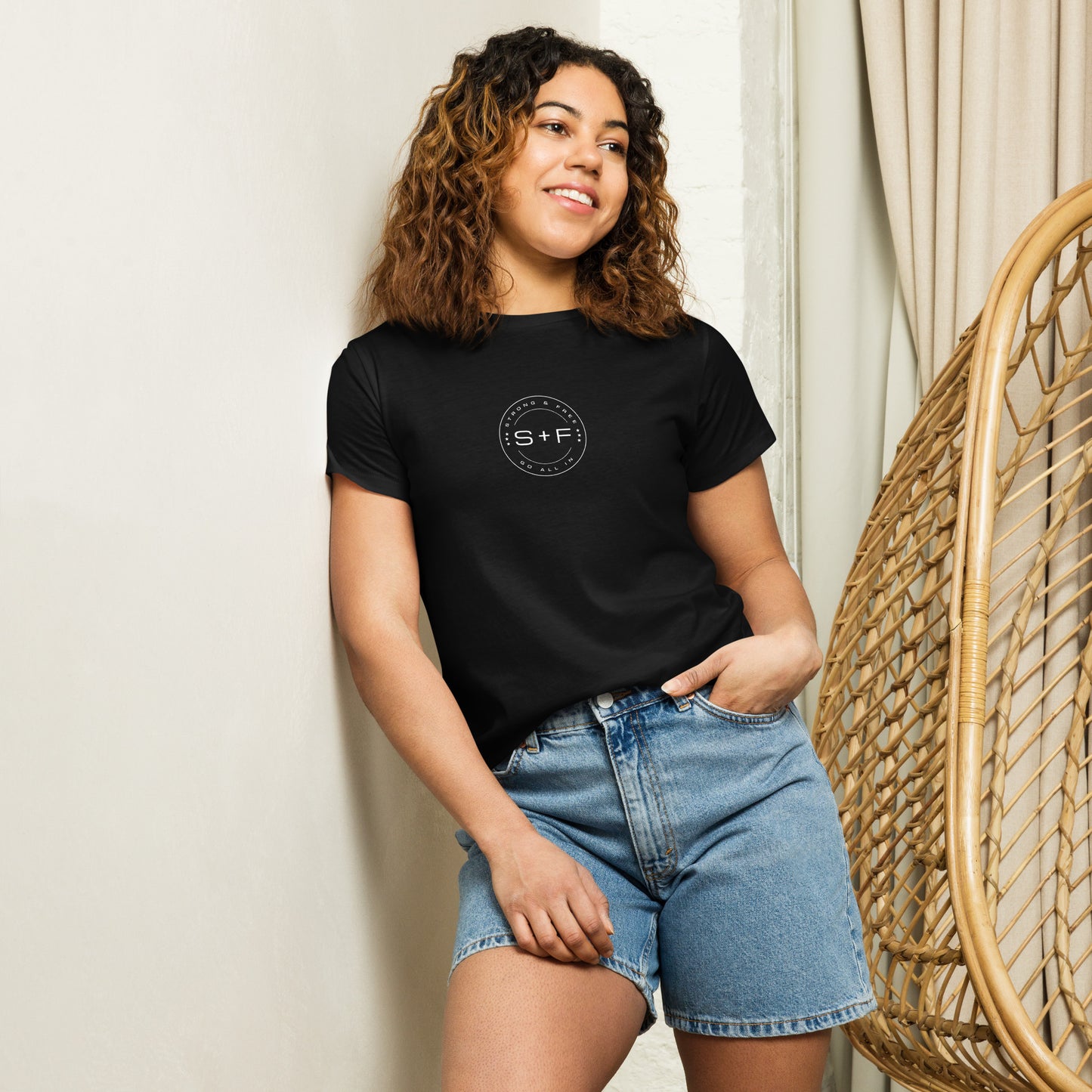 Women’s High-Waist T-shirt, Black/Green/Grey. S+F White Circle Logo Design.