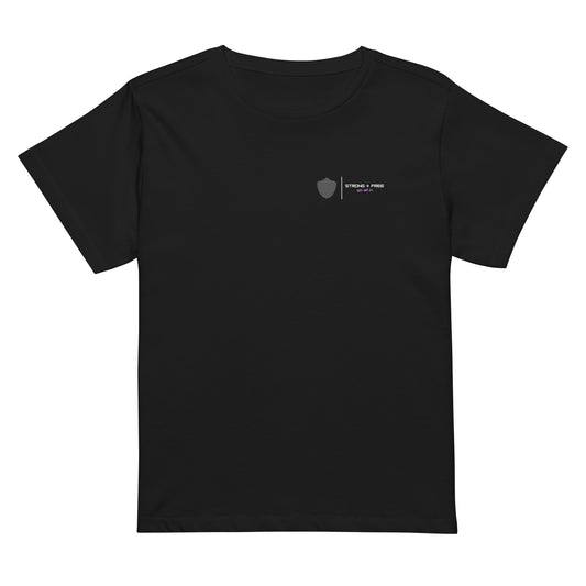 Women’s high-waist tee, multiple colors. S+F signature shield logo design II.