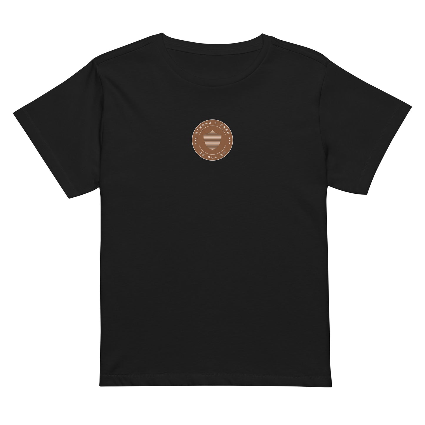 Women’s high-waist tee, multiple colors. S+F signature shield logo design, reverse brown crest.