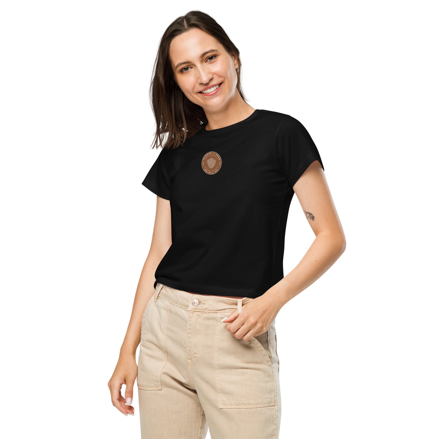 Women’s high-waist tee, multiple colors. S+F signature shield logo design, reverse brown crest.