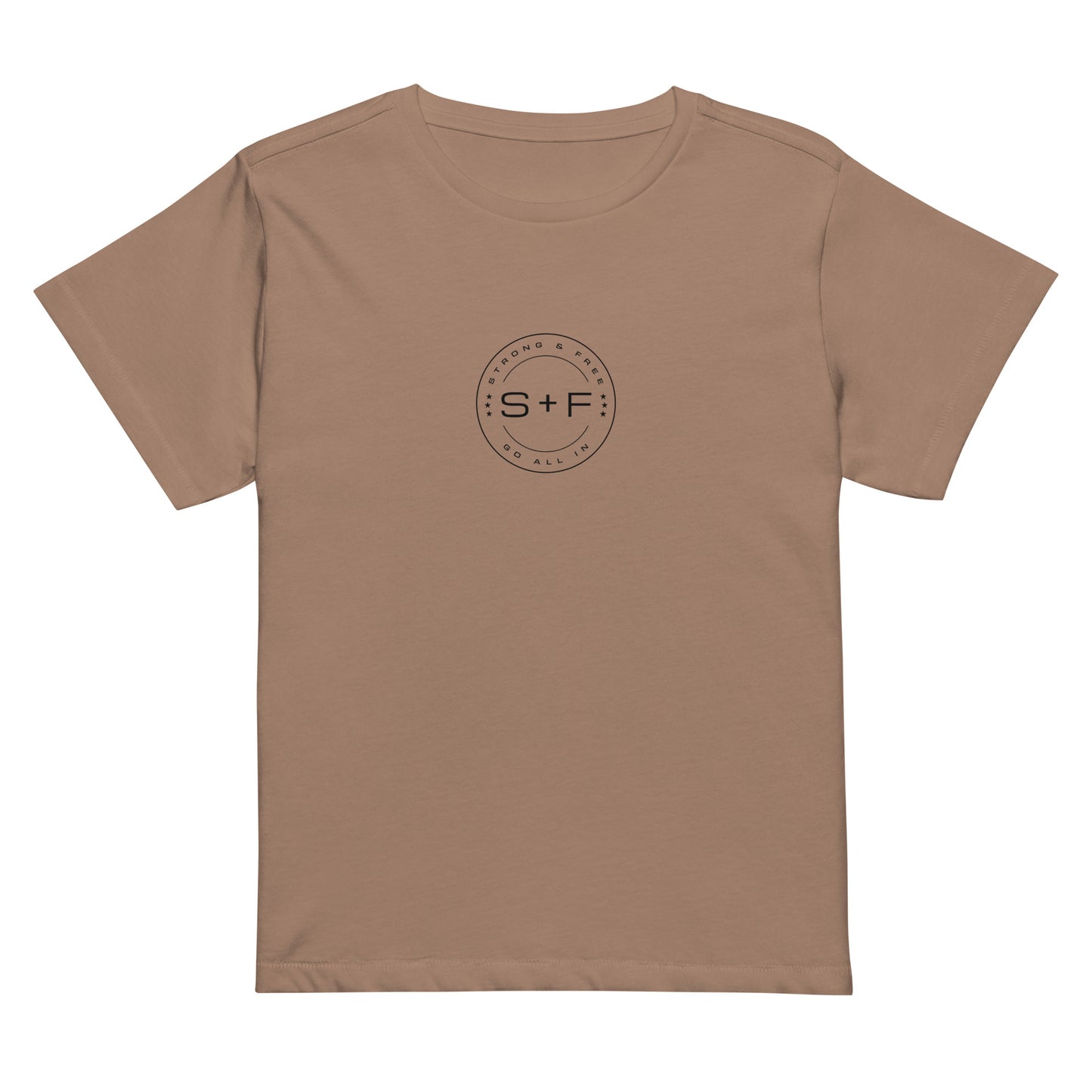 Women’s High-Waist Classic Fit T-shirt, Soft Colors. S+F Black Circle Logo Design.