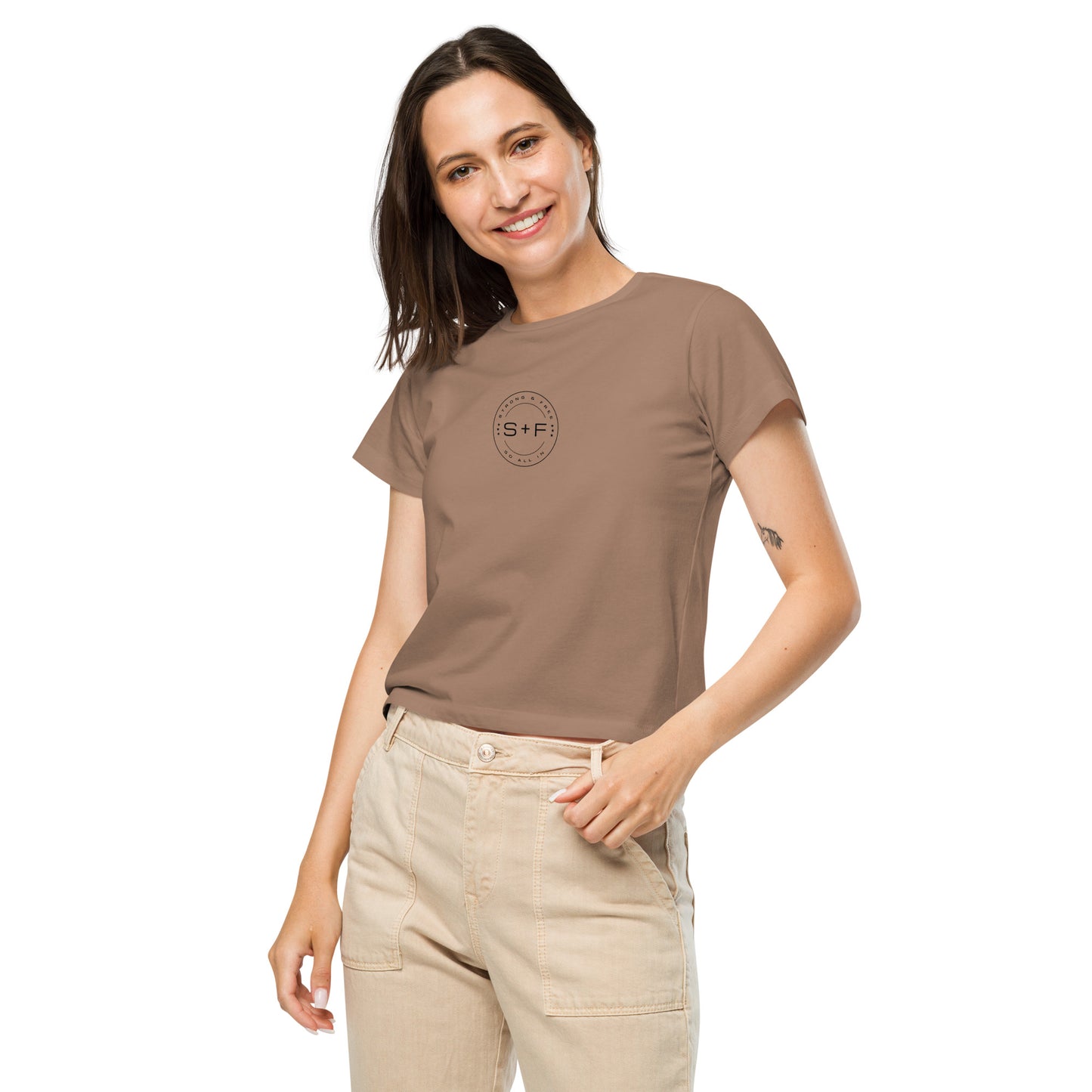 Women’s High-Waist Classic Fit T-shirt, Soft Colors. S+F Black Circle Logo Design.