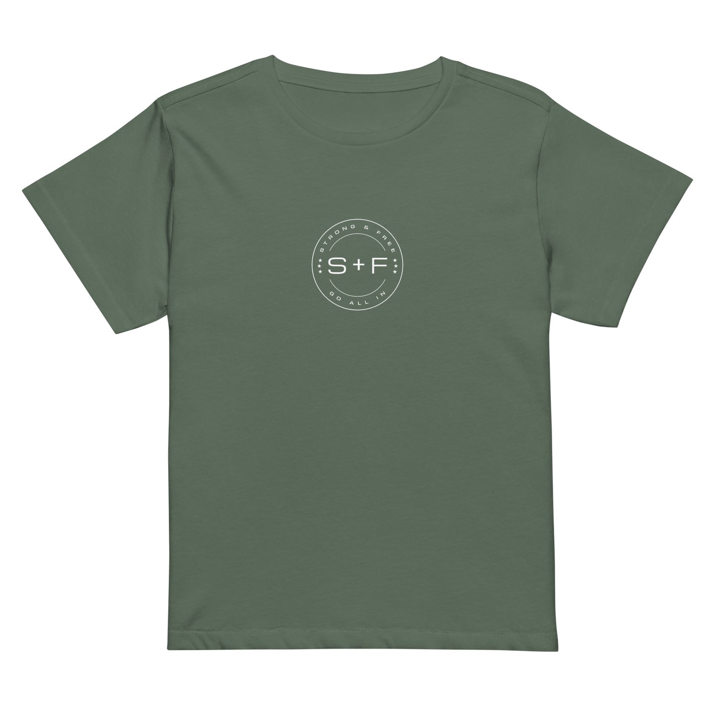 Women’s High-Waist T-shirt, Black/Green/Grey. S+F White Circle Logo Design.