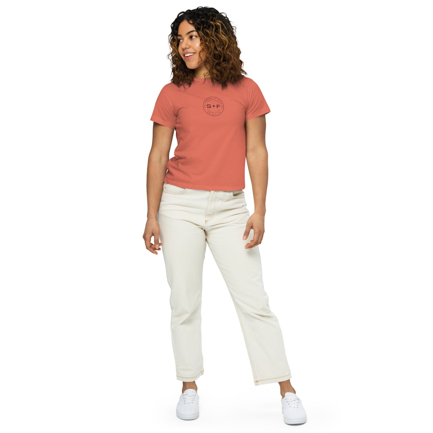 Women’s High-Waist Classic Fit T-shirt, Soft Colors. S+F Black Circle Logo Design.