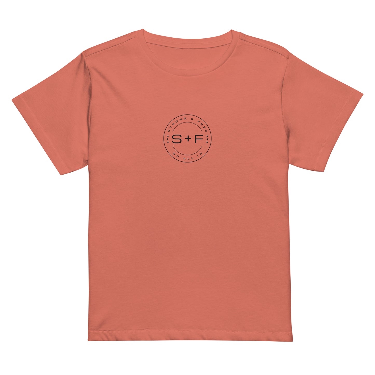 Women’s High-Waist Classic Fit T-shirt, Soft Colors. S+F Black Circle Logo Design.