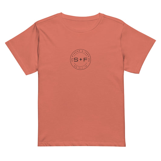 Women’s High-Waist Classic Fit T-shirt, Soft Colors. S+F Black Circle Logo Design.