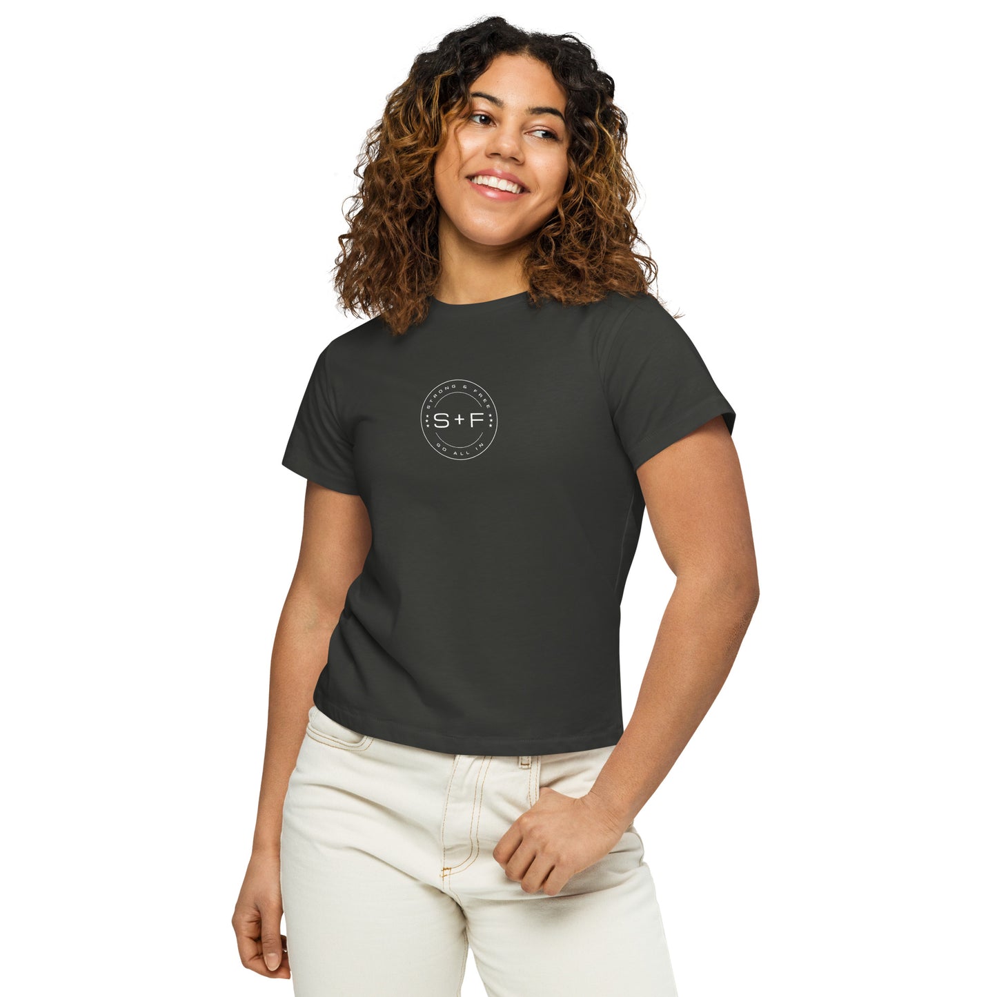 Women’s High-Waist T-shirt, Black/Green/Grey. S+F White Circle Logo Design.
