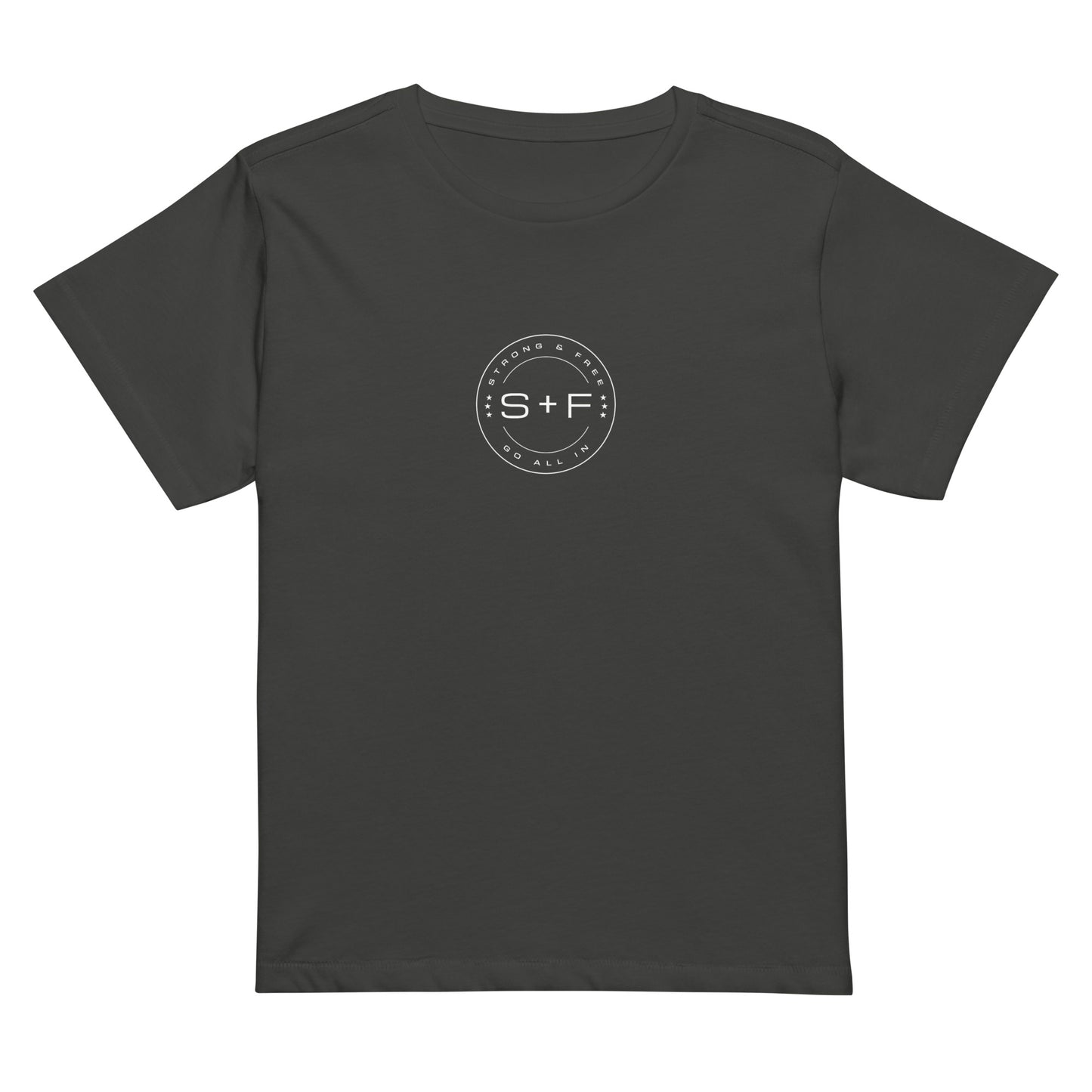 Women’s High-Waist T-shirt, Black/Green/Grey. S+F White Circle Logo Design.