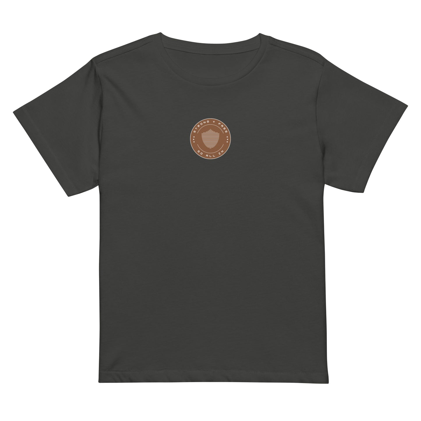 Women’s high-waist tee, multiple colors. S+F signature shield logo design, reverse brown crest.