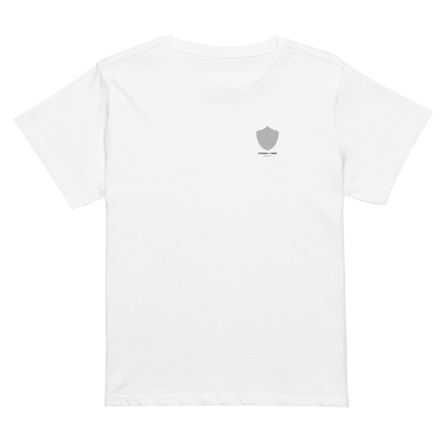 Women’s high-waist tee, white. S+F signature shield logo design III.