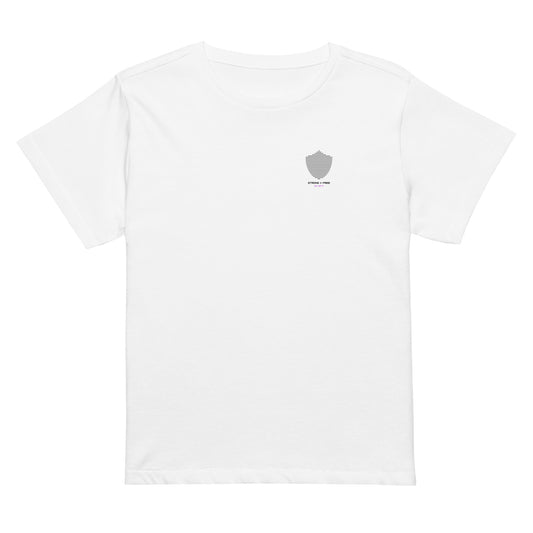 Women’s high-waist tee, white. S+F signature shield logo design III.