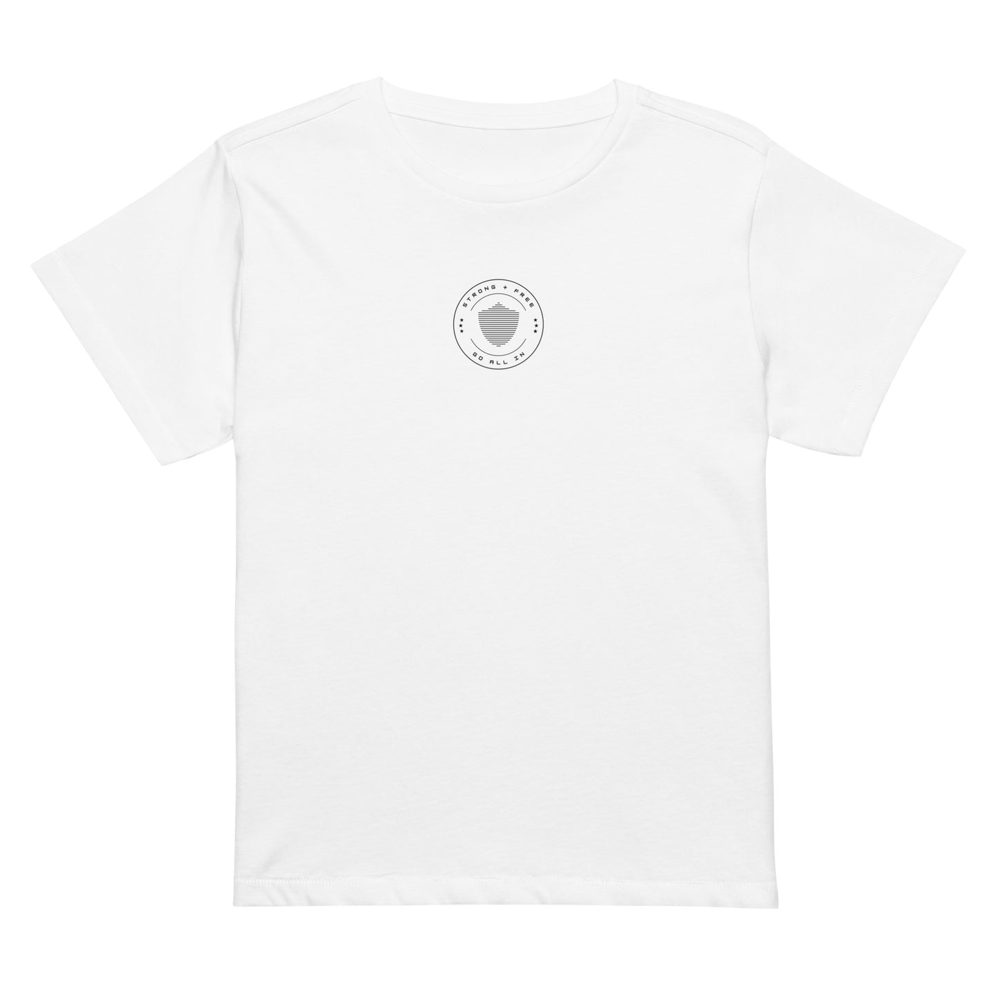 Women’s high-waist tee, white. S+F signature shield logo design.