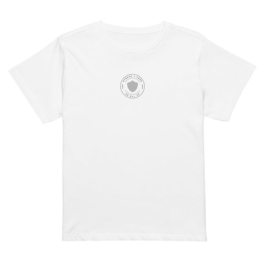 Women’s high-waist tee, white. S+F signature shield logo design.