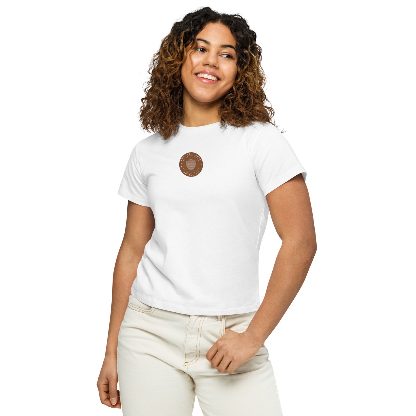 Women’s high-waist tee, multiple colors. S+F signature shield logo design, reverse brown crest.