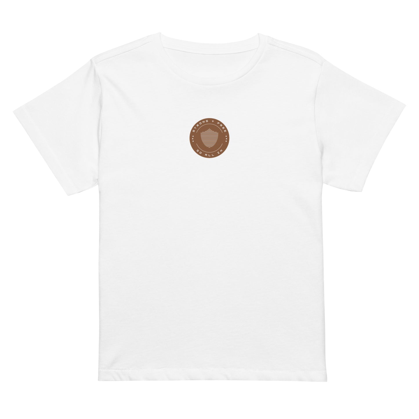 Women’s high-waist tee, multiple colors. S+F signature shield logo design, reverse brown crest.