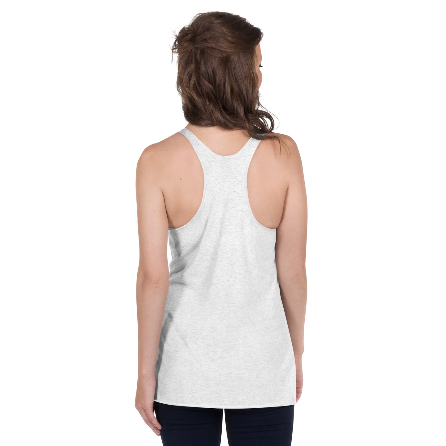 Women's Racerback Tank, Heather White. S+F Shield Logo Design.