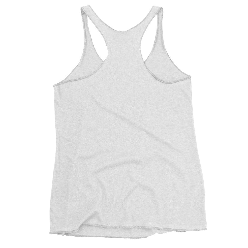 Women's Racerback Tank, Heather White. S+F Shield Logo Design.