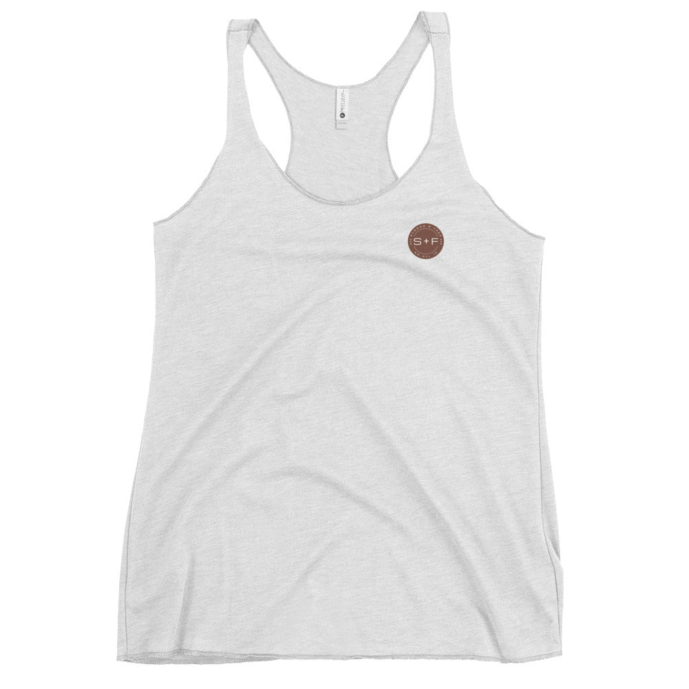 Women's Racerback Tank, White/Black/Grey. S+F Reverse Brown Circle Logo Design.