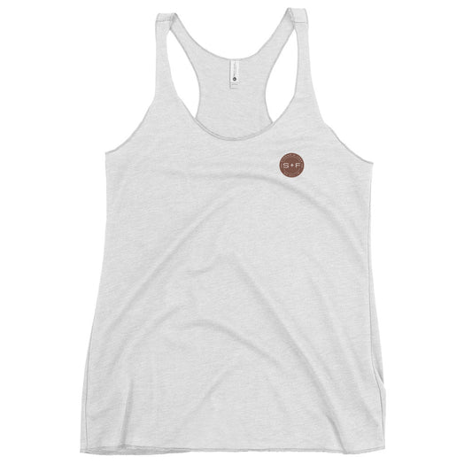 Women's Racerback Tank, White/Black/Grey. S+F Reverse Brown Circle Logo Design.