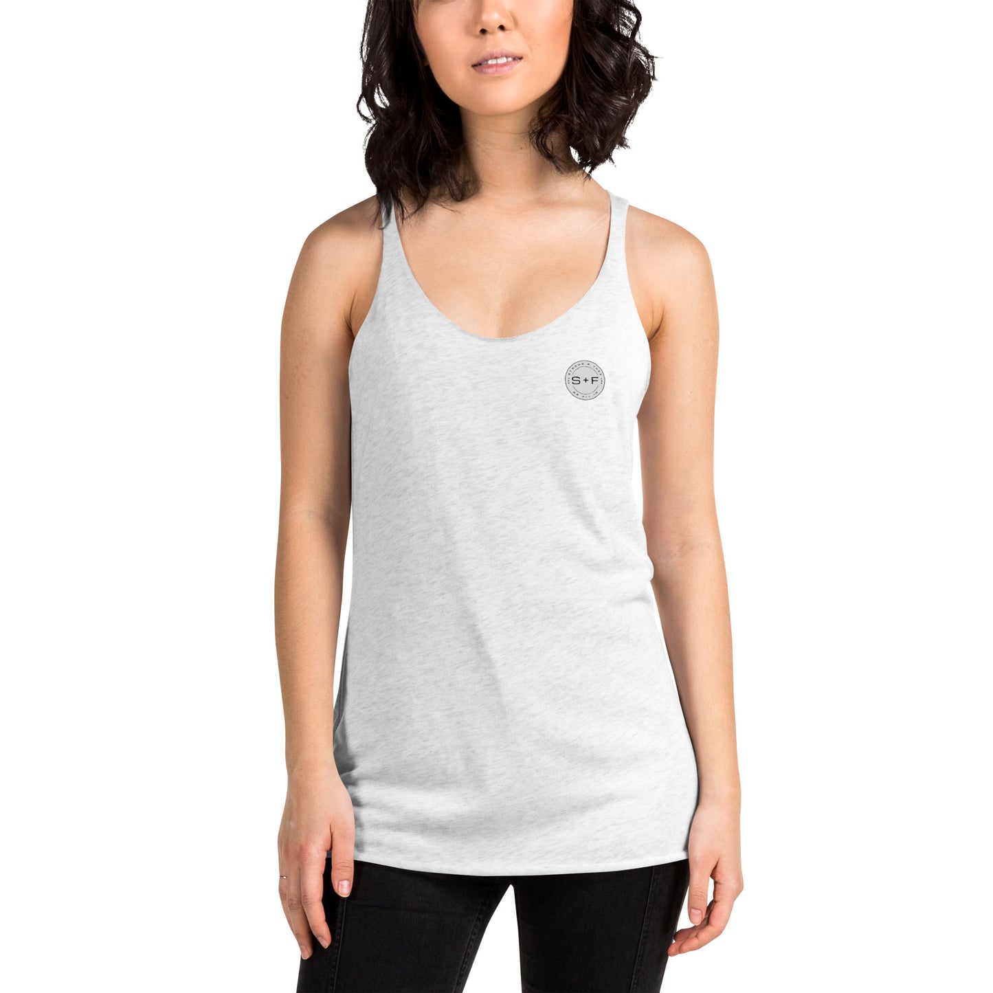 Women's Racerback Tank, Black/White/Blue/Red/Grey. S+F Reverse Grey Circle Logo.