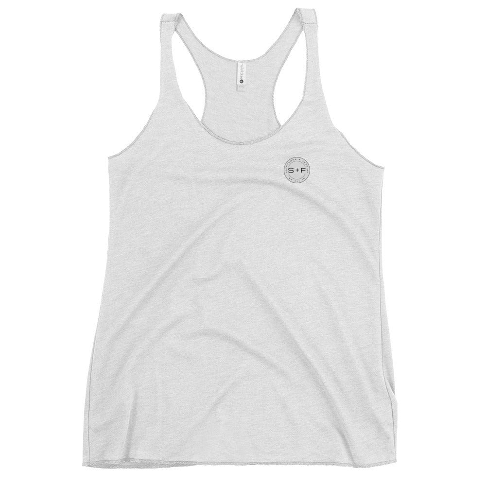 Women's Racerback Tank, Black/White/Blue/Red/Grey. S+F Reverse Grey Circle Logo.