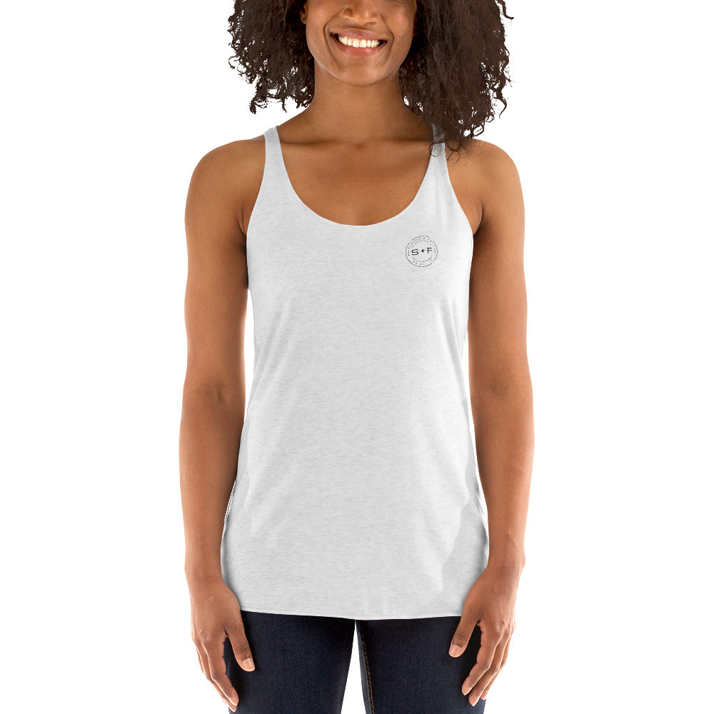 Women's Racerback Tank, White/Grey/Blue/Red. S+F Black Circle Logo Design.