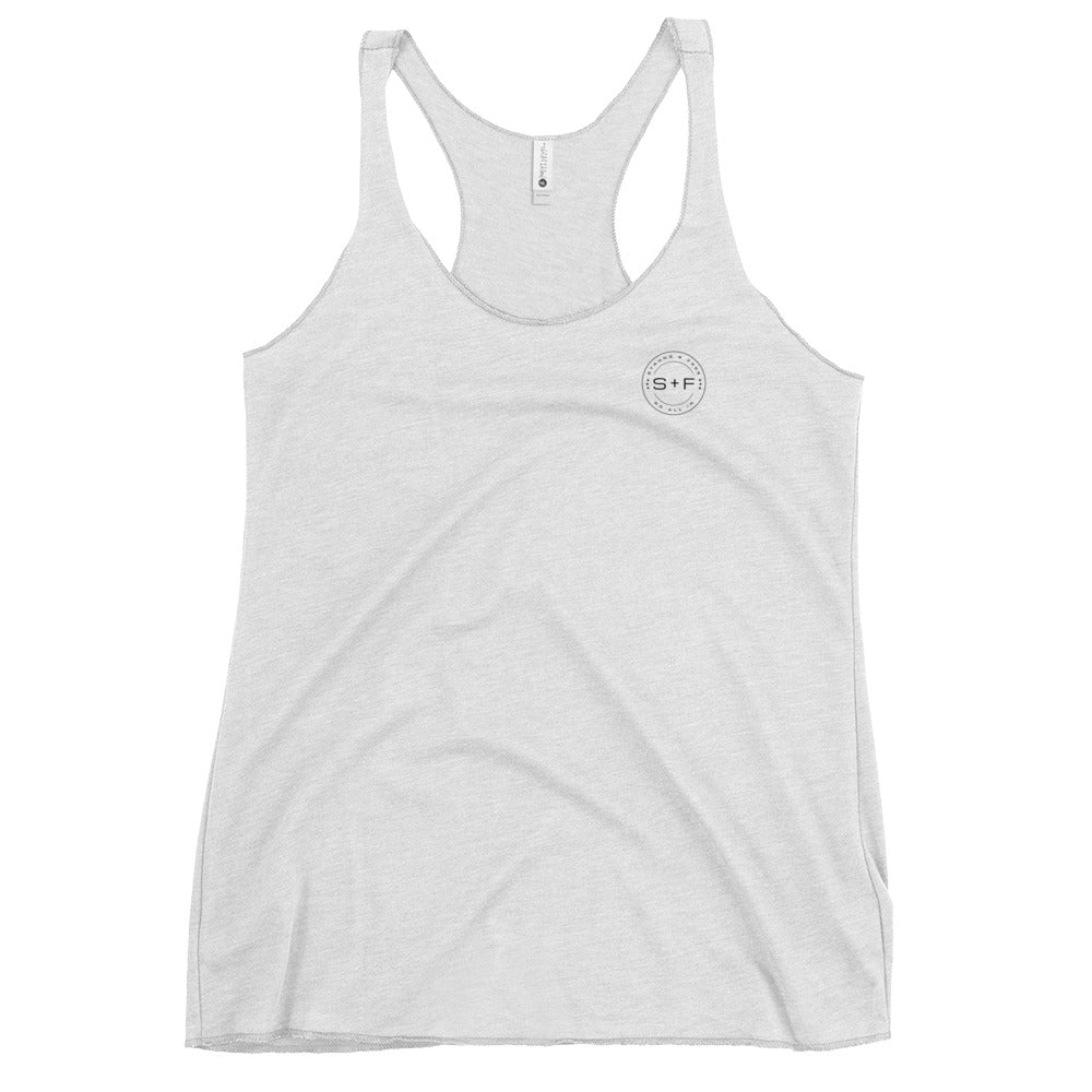 Women's Racerback Tank, White/Grey/Blue/Red. S+F Black Circle Logo Design.