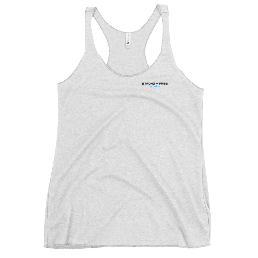 Women's Racerback Tank, white. S+F signature wordmark logo design I.