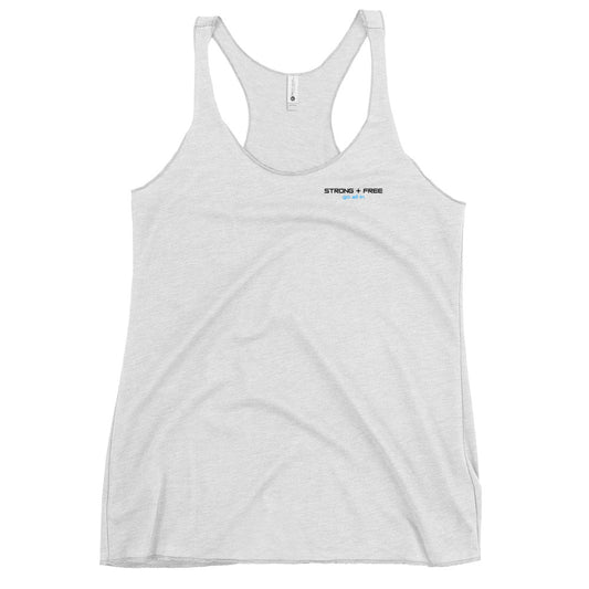 Women's Racerback Tank, white. S+F signature wordmark logo design I.