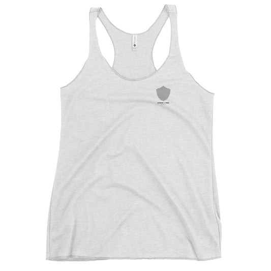 Women's Racerback Tank, white. S+F signature shield logo design III.
