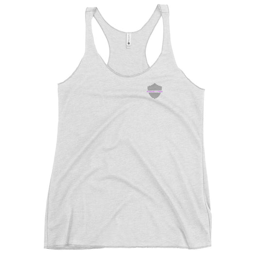 Women's Racerback Tank, white. S+F classic shield logo design II.