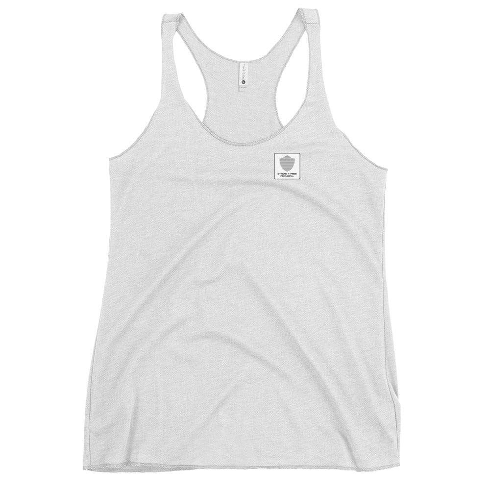 Women's Racerback Tank, various colors. S+F signature shield logo design, reverse white icon.