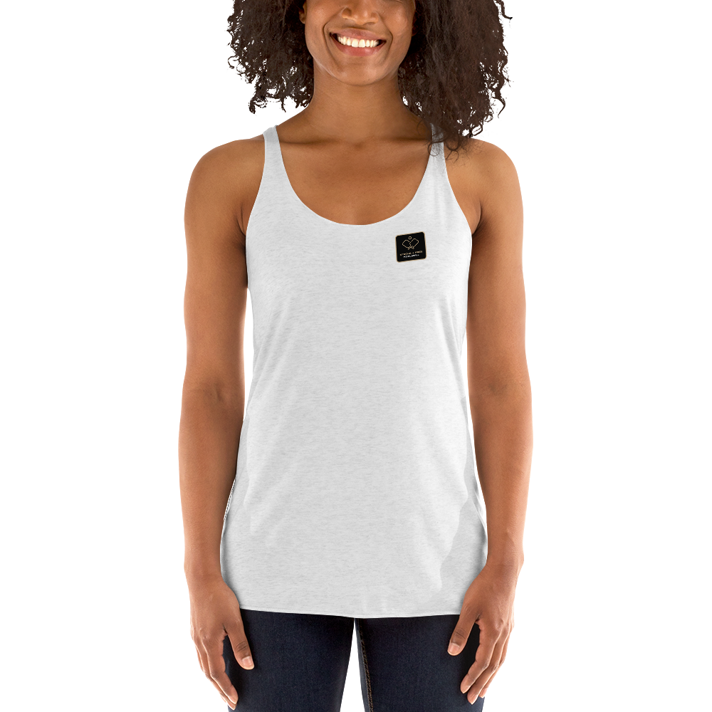 Women's Racerback Tank, various colors. S+F signature pickleball logo design, reverse black icon.