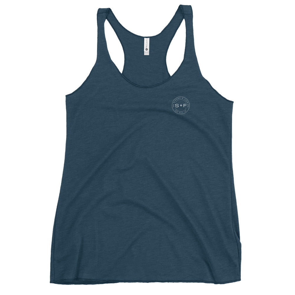 Women's Racerback Tank, Black/Purple/Blue. S+F White Circle Logo Design.