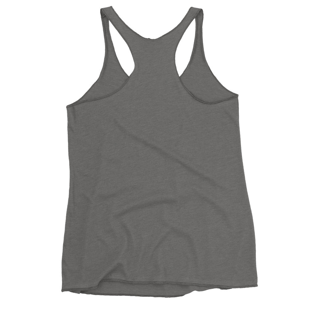 Women's Racerback Tank, White/Black/Grey. S+F Reverse Brown Circle Logo Design.