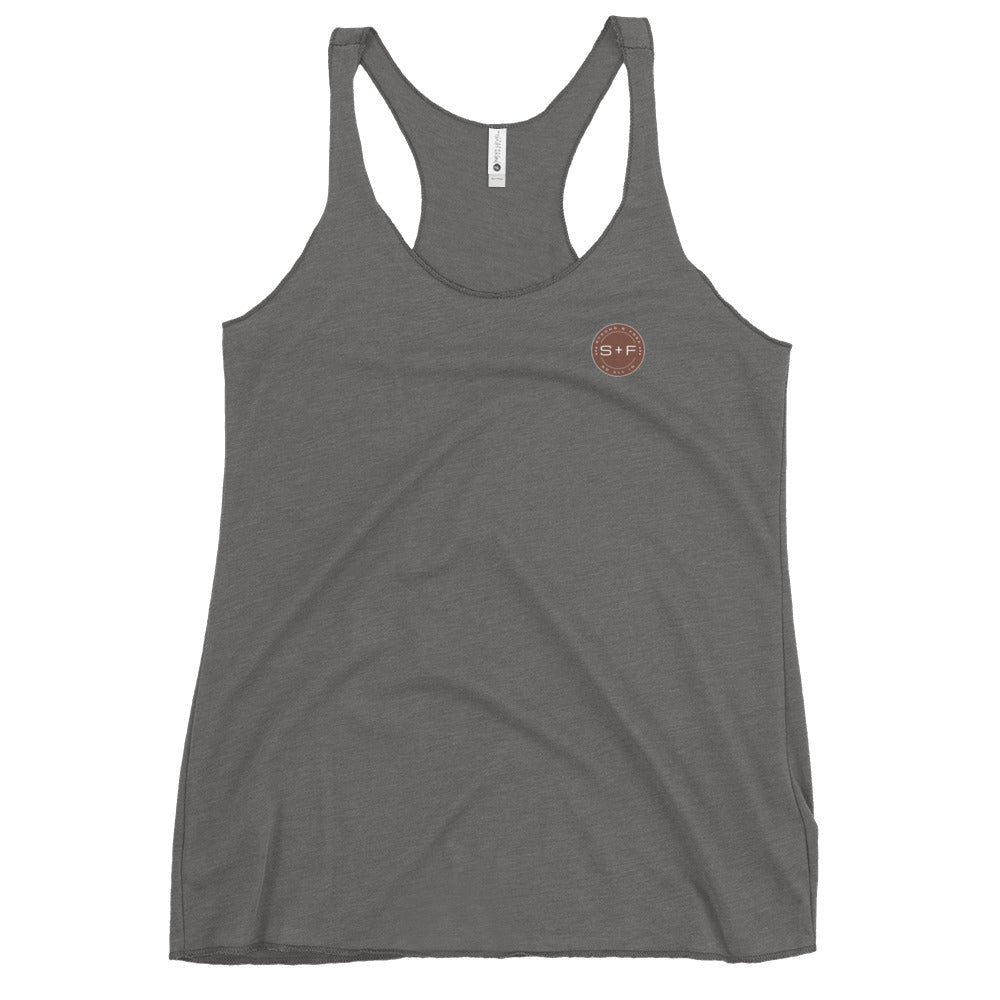 Women's Racerback Tank, White/Black/Grey. S+F Reverse Brown Circle Logo Design.