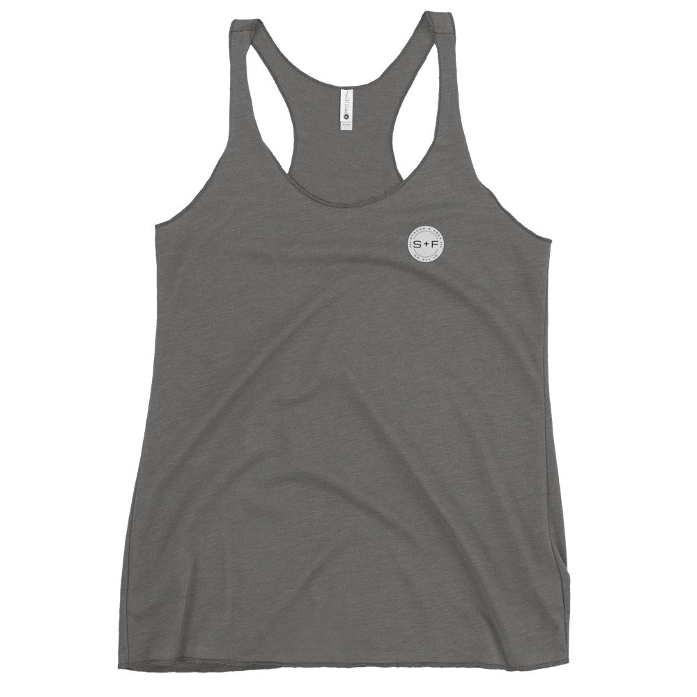 Women's Racerback Tank, Black/White/Blue/Red/Grey. S+F Reverse Grey Circle Logo.